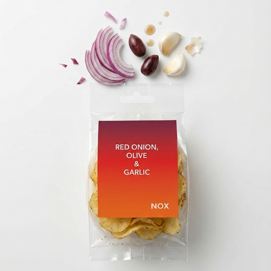 Local, hand-made Potato Crisps - Red Onion, Olive & Garlic