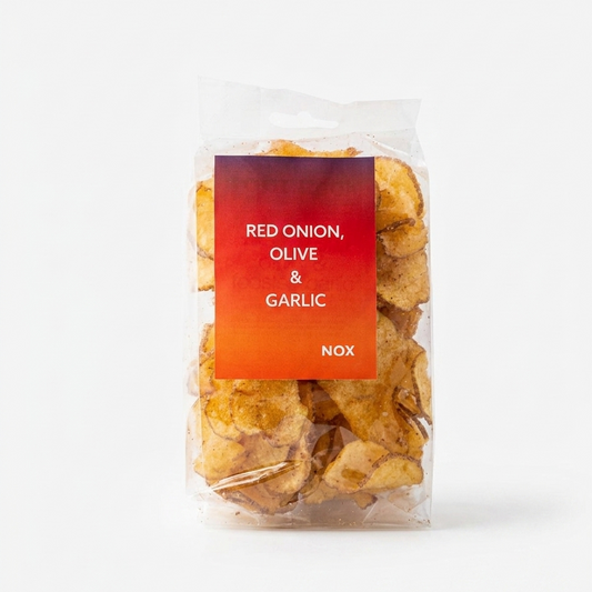 Local, hand-made Potato Crisps - Red Onion, Olive & Garlic